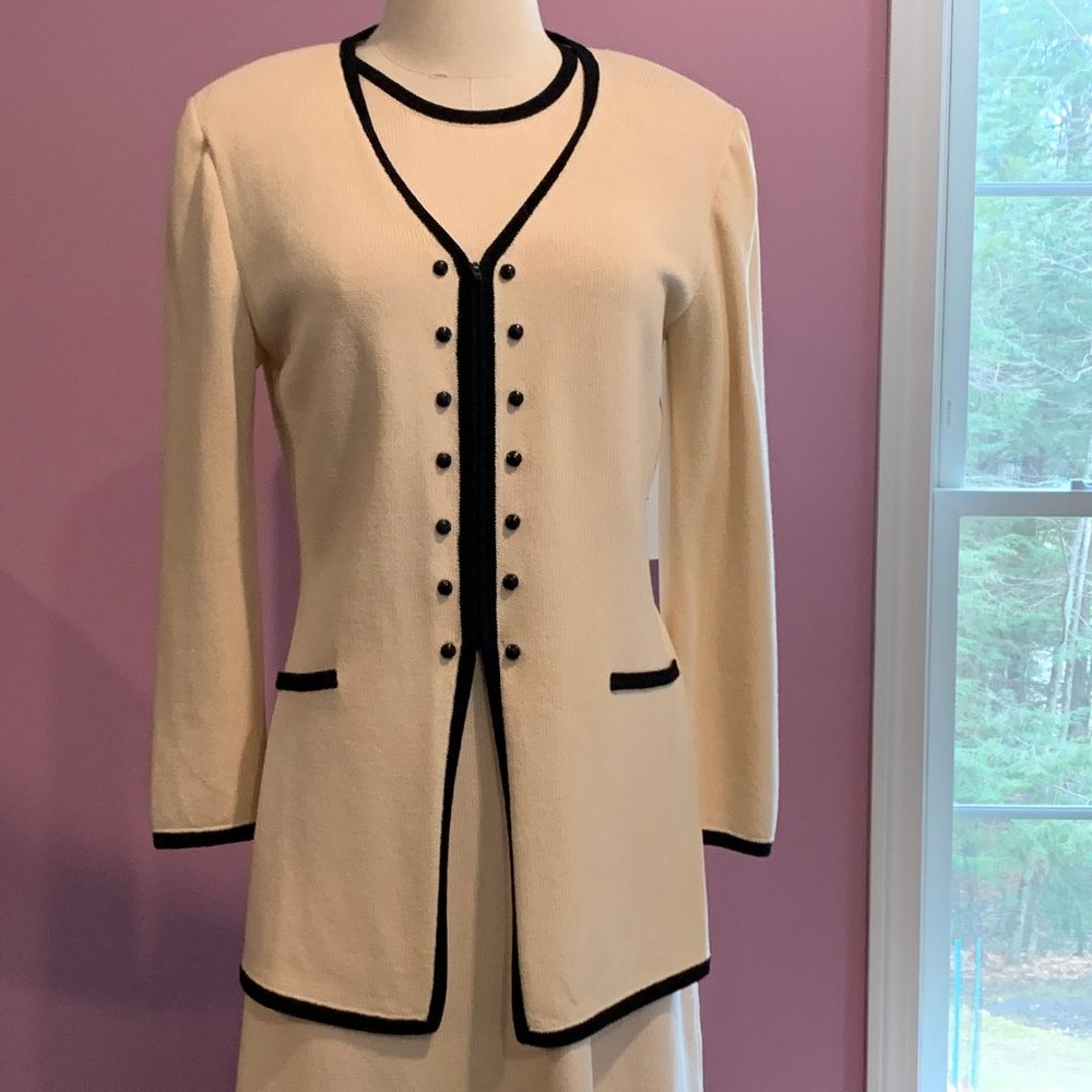 Vintage St. John cream with black trim dress suit, size 4